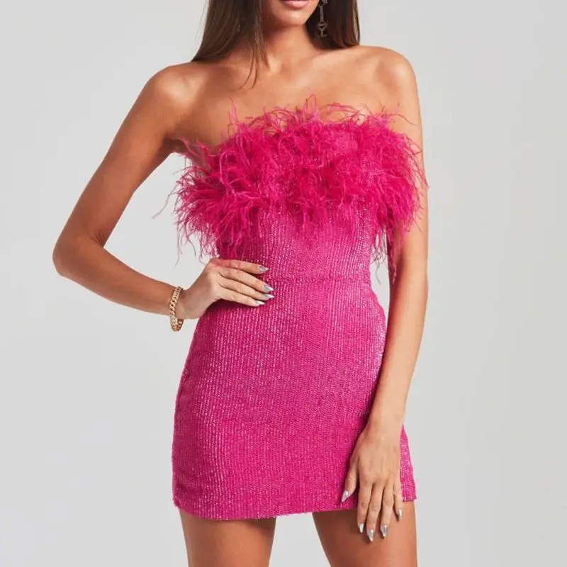 

High-end Women's Sexy Backless Ostrich Feather Tube Top Dress Sequined Sexy Ladies Off Shoulder Sleeveless Slim Mini Party Dress