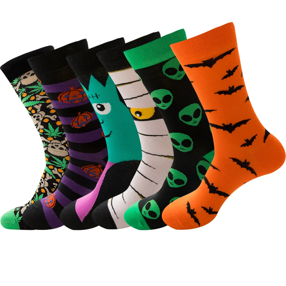 

New Colorful Men's Halloween Christmas Gift Socks Skull Alien Women's Long Socks Pumpkin Monster Bats Cotton Socks