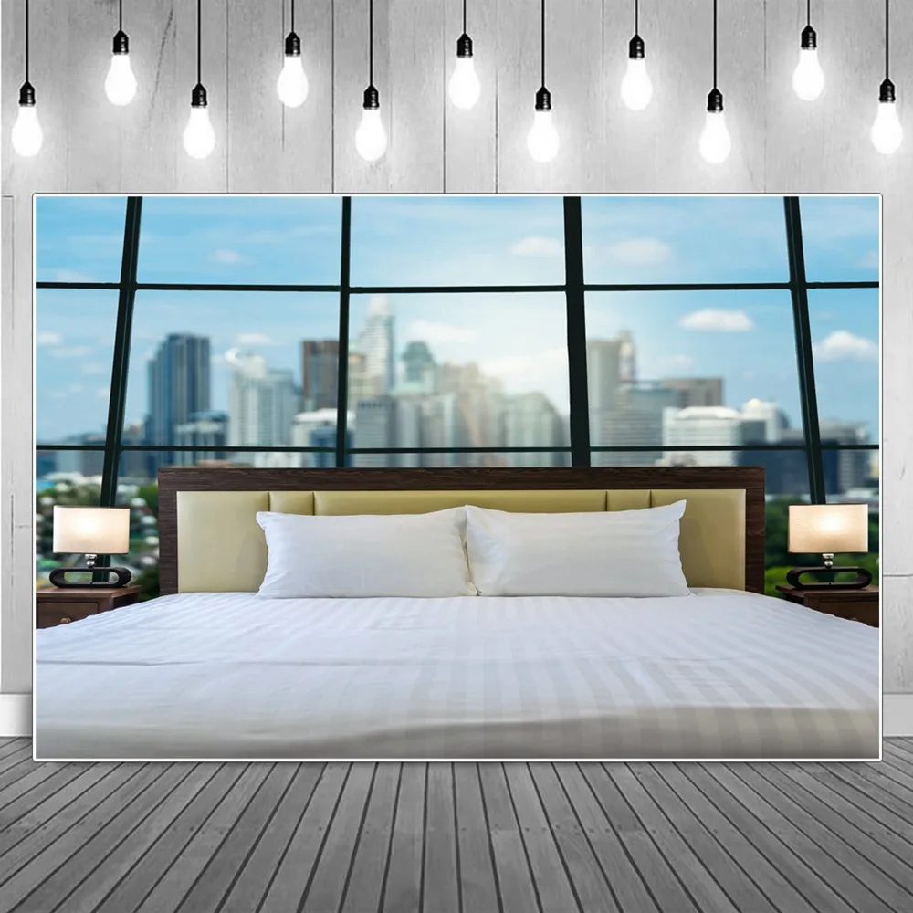 

Living Room Interior Wallpaper Party Decoration Photography Backdrops Sign Big Glass Window Bed Indoor Photographic Backgrounds
