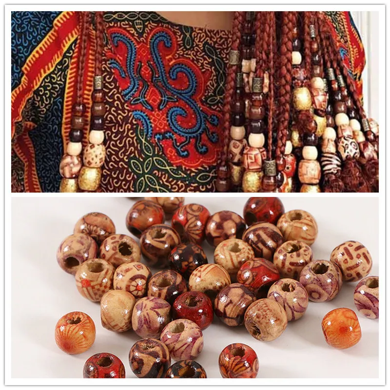 100 PCs/bag 11*12mm Aperture: 5mm Medium Size Hole Vintage Painted Wooden Beads African Hair Rings Dreadlock Accessories