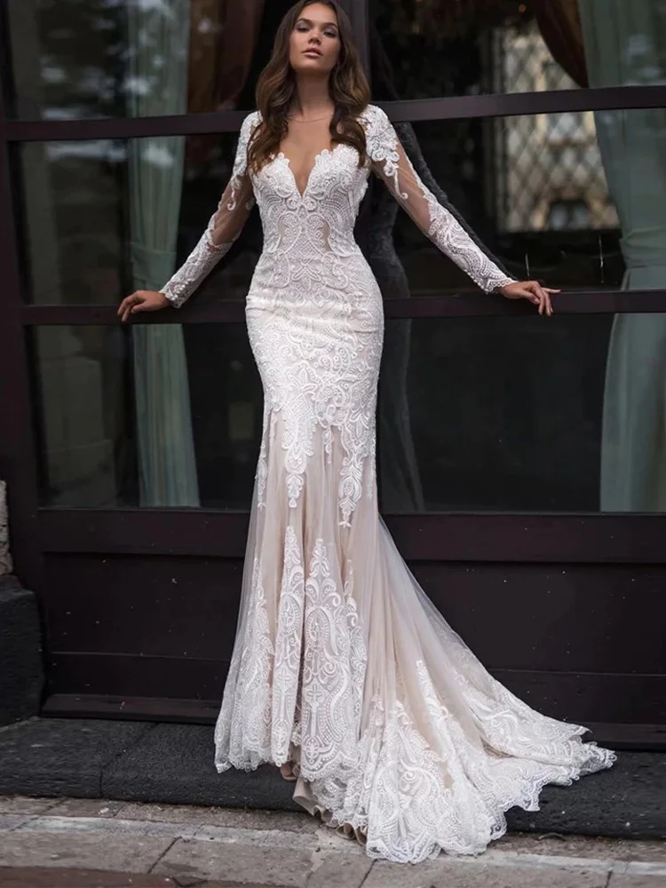

Sexy Mermaid Wedding Dress Long Lace Sleeves Deep V-Neck Bridal Gown Lace Applique With Sweep Train Robe De Mariée