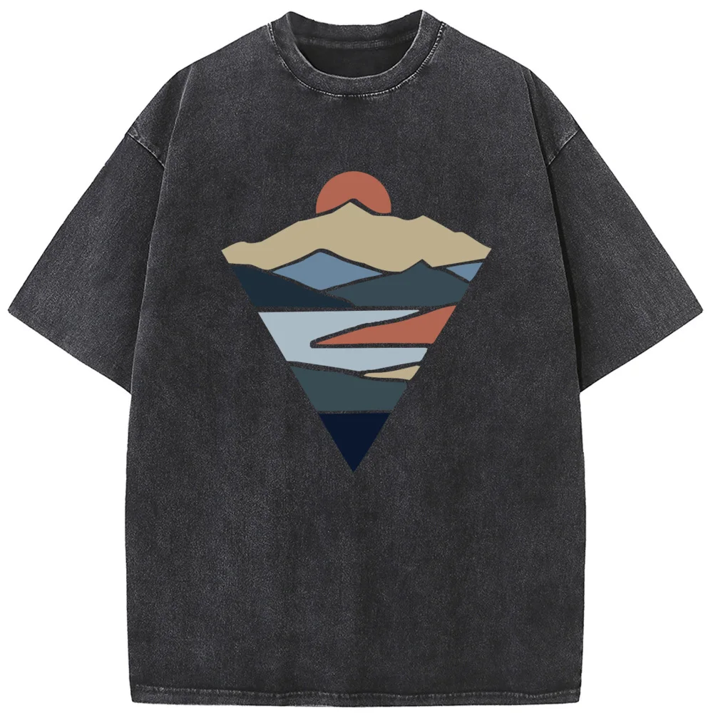 

Men's Retro Triangle Maca Sunset Short-Sleeved Shirt 230g Fashion Casual Washed T-Shirt Cotton Summer Cotton Bleached Tshirt
