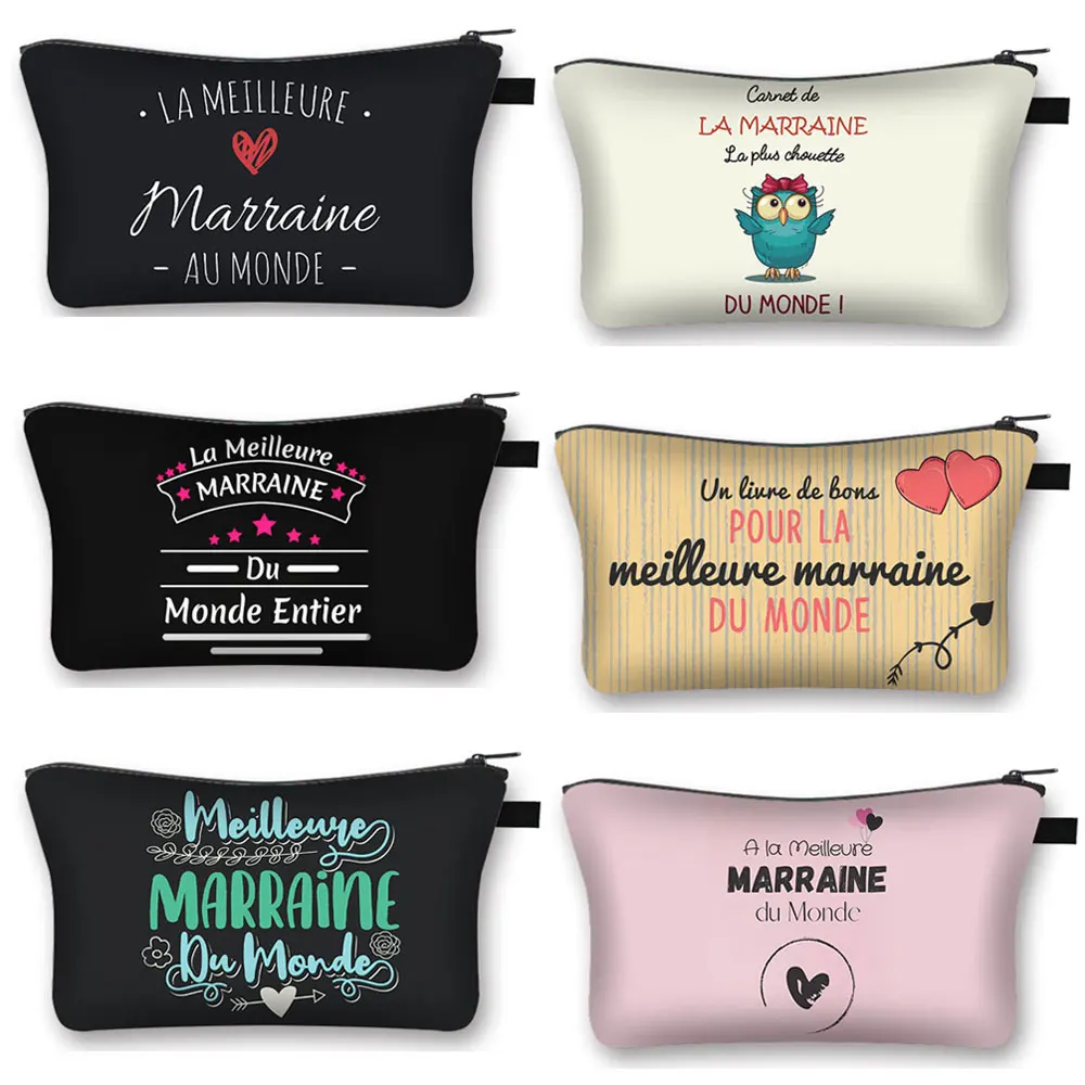 La Meilleure Marraine Du Monde Print Cosmetic Case Women Makeup Bags Jewelry Lipstick Organizer Zipper Pouch Cute Cosmetic Bag