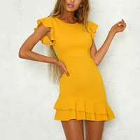 sexy dress summer short sleeve crew neck yellow solid casual mini dresses fashion party woman clothes ruffle sleeve sundresses