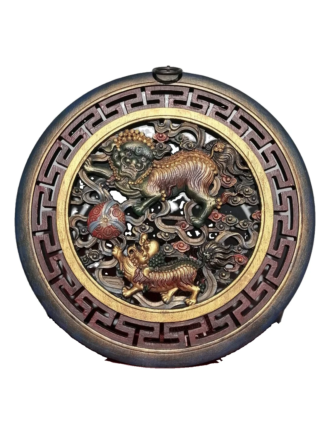 

LAOJUNLU Old Camphor Lacquerware Lion Rolling Hydrangea Hanging Screen Pure Hand Carved Openwork Process Lacquerware Painted
