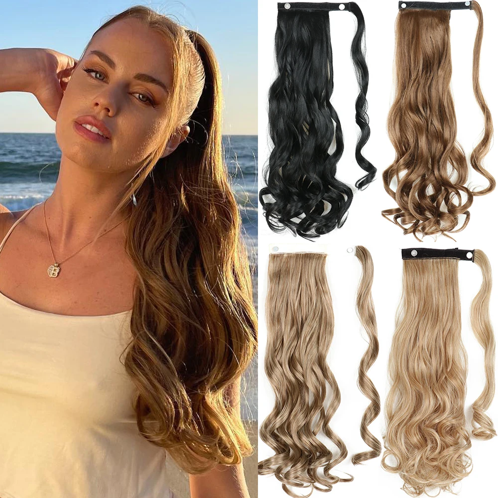 

Synthetic 22inch Wavy Wrap Around Ponytail Hair Extension Ponytail Extension Hair For Women Brown Pony Tail Hair Hairpiece
