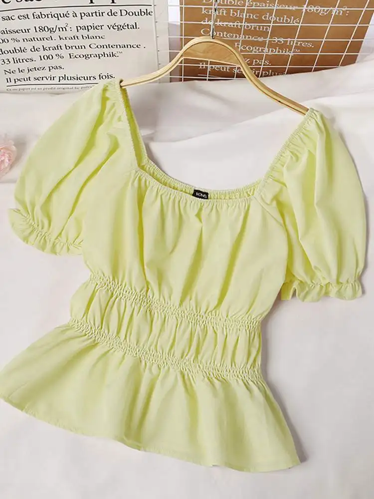 

VONDA Women Short Sleeve Tops Square Collar Blouse Summer Ruffled Cuff Pleated Tunic Tops Blusas Femininas Korean Style Shirts