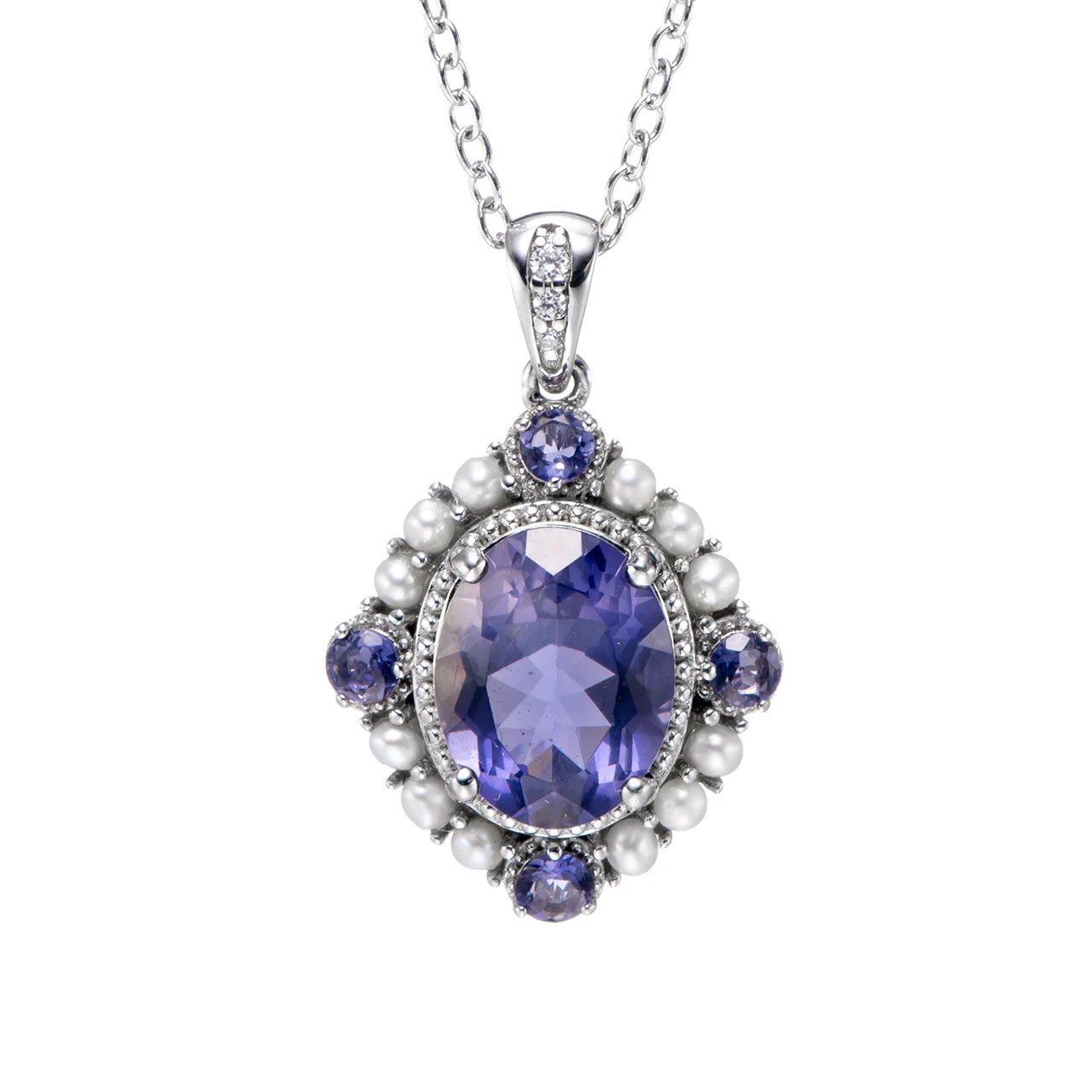 

Iolite and Freshwater Pearl Rhodium Over Sterling Silver Pendant with Chain