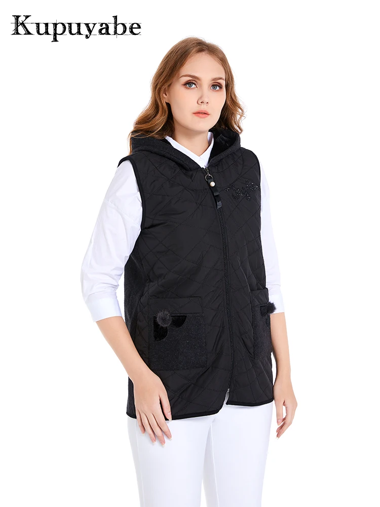 KUPUYABE Women's Winter Vest Coral Plush Collar Wool Hat Cotton Filled Cotton Vest Warm Windproof Vest