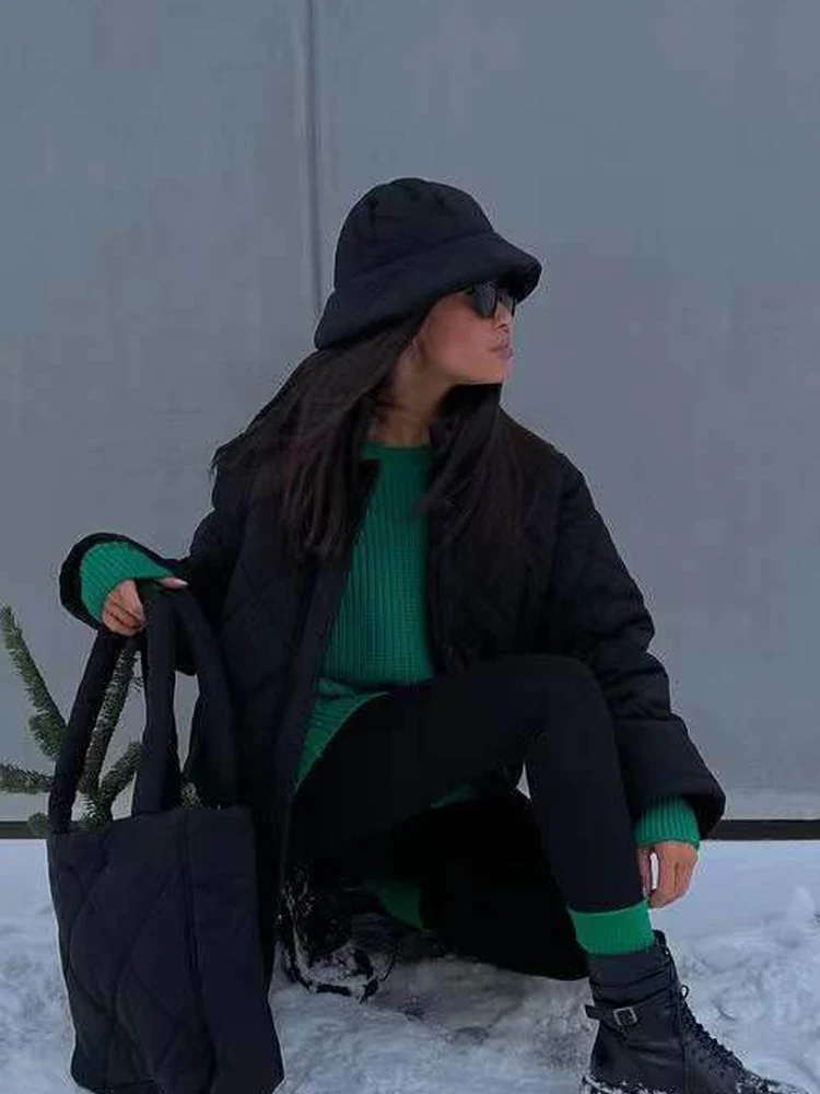 Women's Jacket Loose Padded Long Lingge 2022 Winter Casual Turn Down Collar Overcoat With Bags Office Lady Outwear Woman Clothes