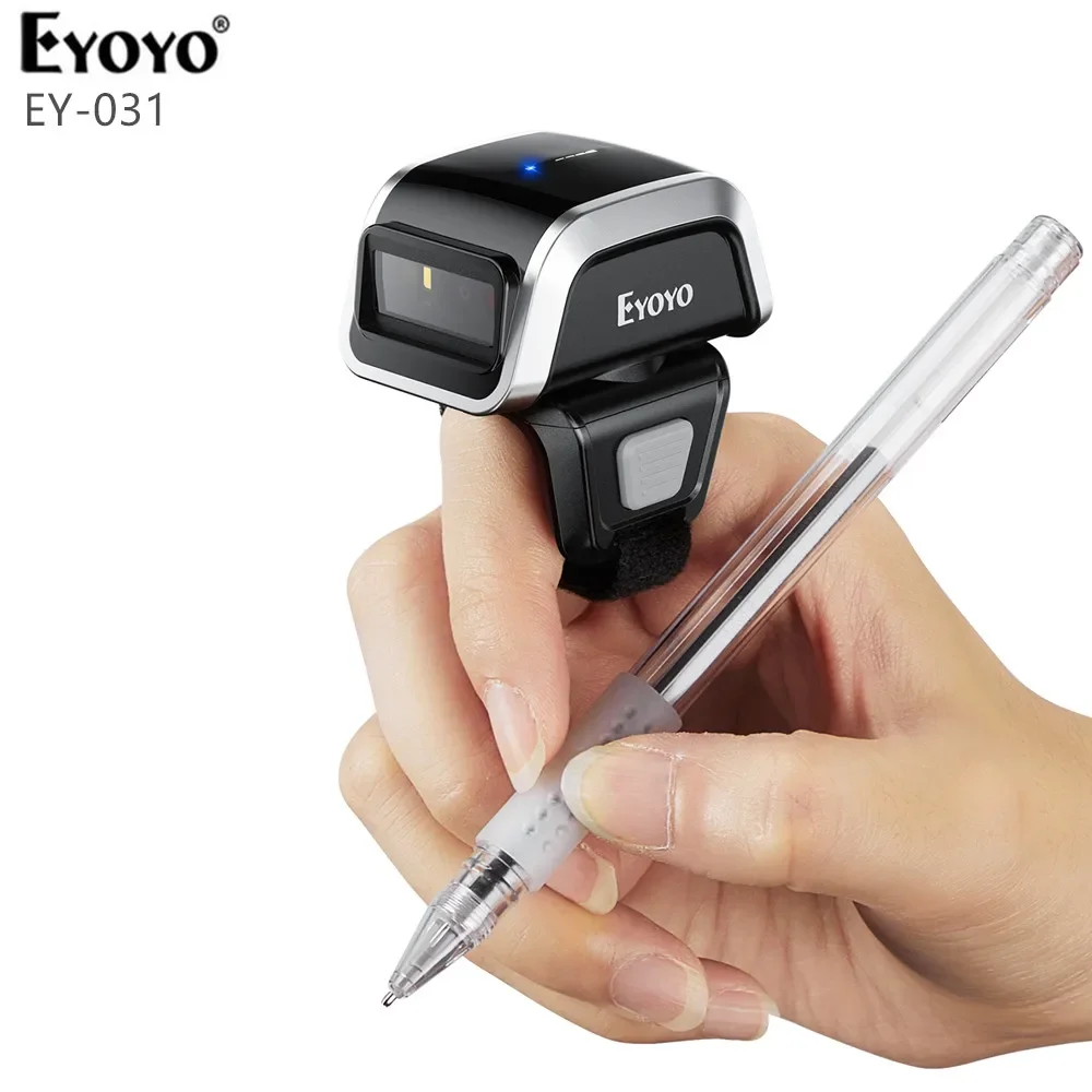 Фото EYOYO EY-031 2D штрих-код, мини-носимый беспроводной сканер штрих-кода для пальцев QR, инвентарь, совместимый с iPad, iPhone, Android №1