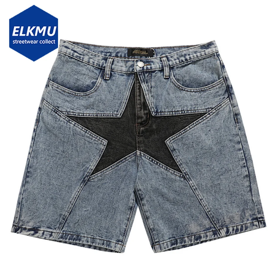 

Streetwear arajuku Denim Sorts New Men Patcwork Oversized ip op Blue Jeans Sorts Summer Casual Loose Sorts