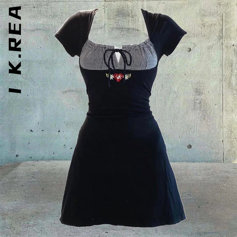 

I K.Rea Dress New Women Patchwork Square Collar Short Sleeve Black Dress Holiday Clothing Vestidos Female