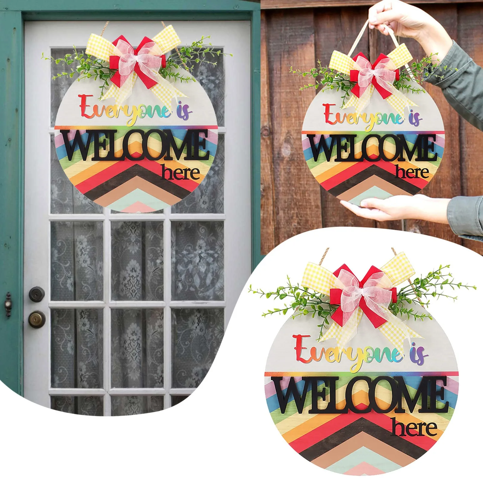 

Everyone Is Welcome Here Wooden Door Sign Rainbow Wreath Sign LGBT Pride Diversity Decorations Welcome Sign for Front Porch