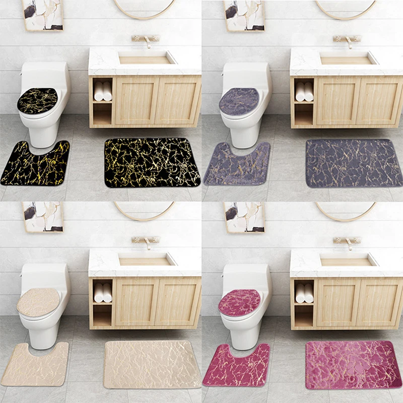 

3pcs Marble Pattern Toilet Mat Set Bath Tub Pad Door Mats Bathroom Carpeting Set
