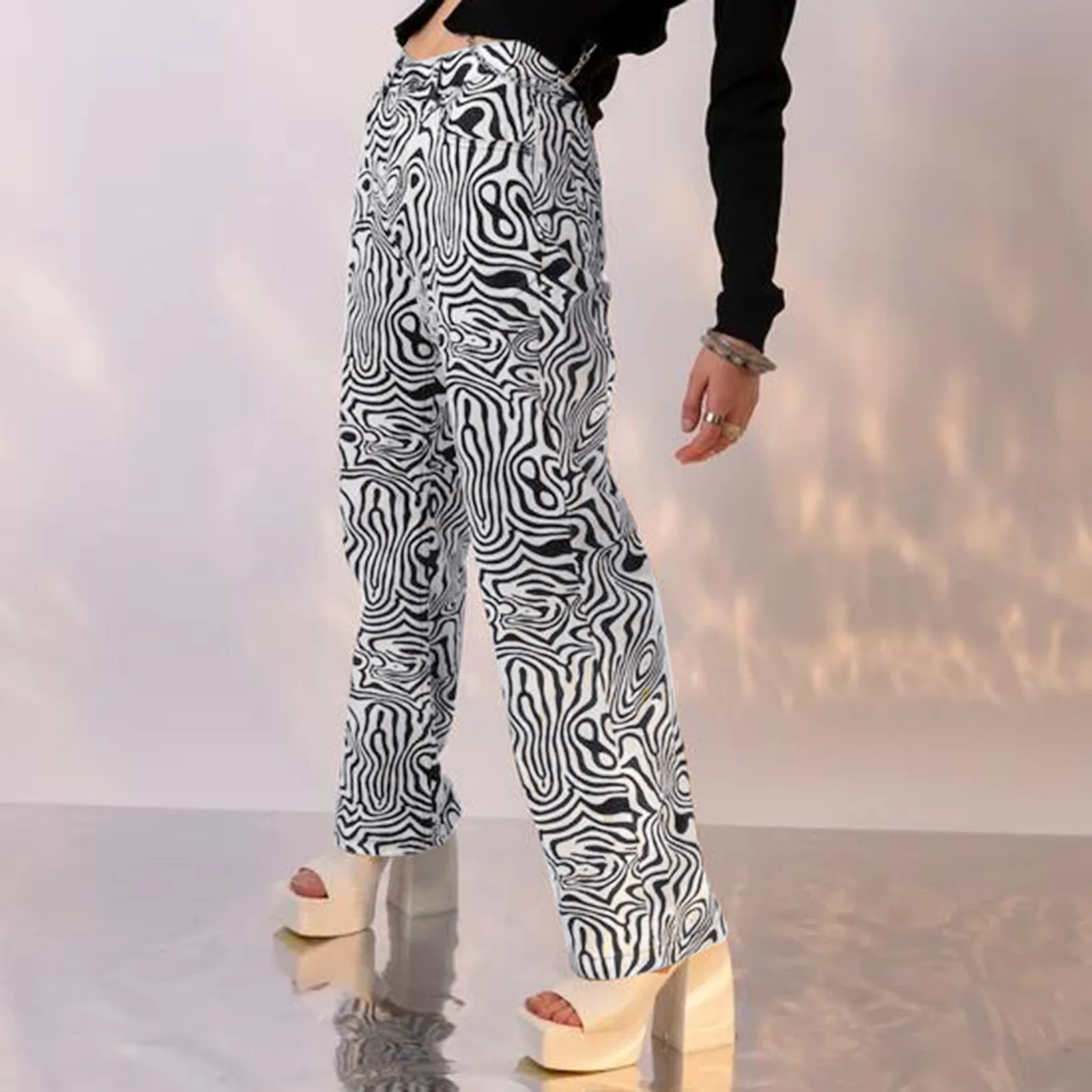 

Летние женские повседневные джинсовые брюки с карманами, брюки с принтом зебры, свободные женские джинсы на молнии