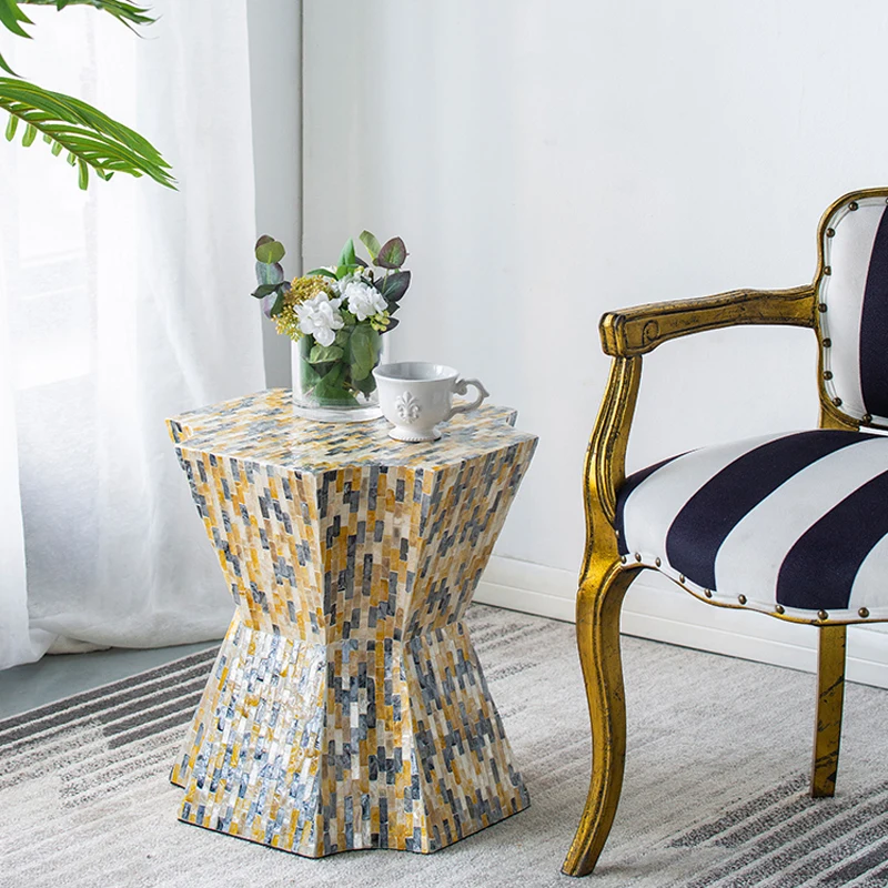 

Luxury Polygonal Side Table Tv Side Coffee Table Home Decorative Hand Inlaid Natural Shell Bedside Corner Sofa Side Cabinet
