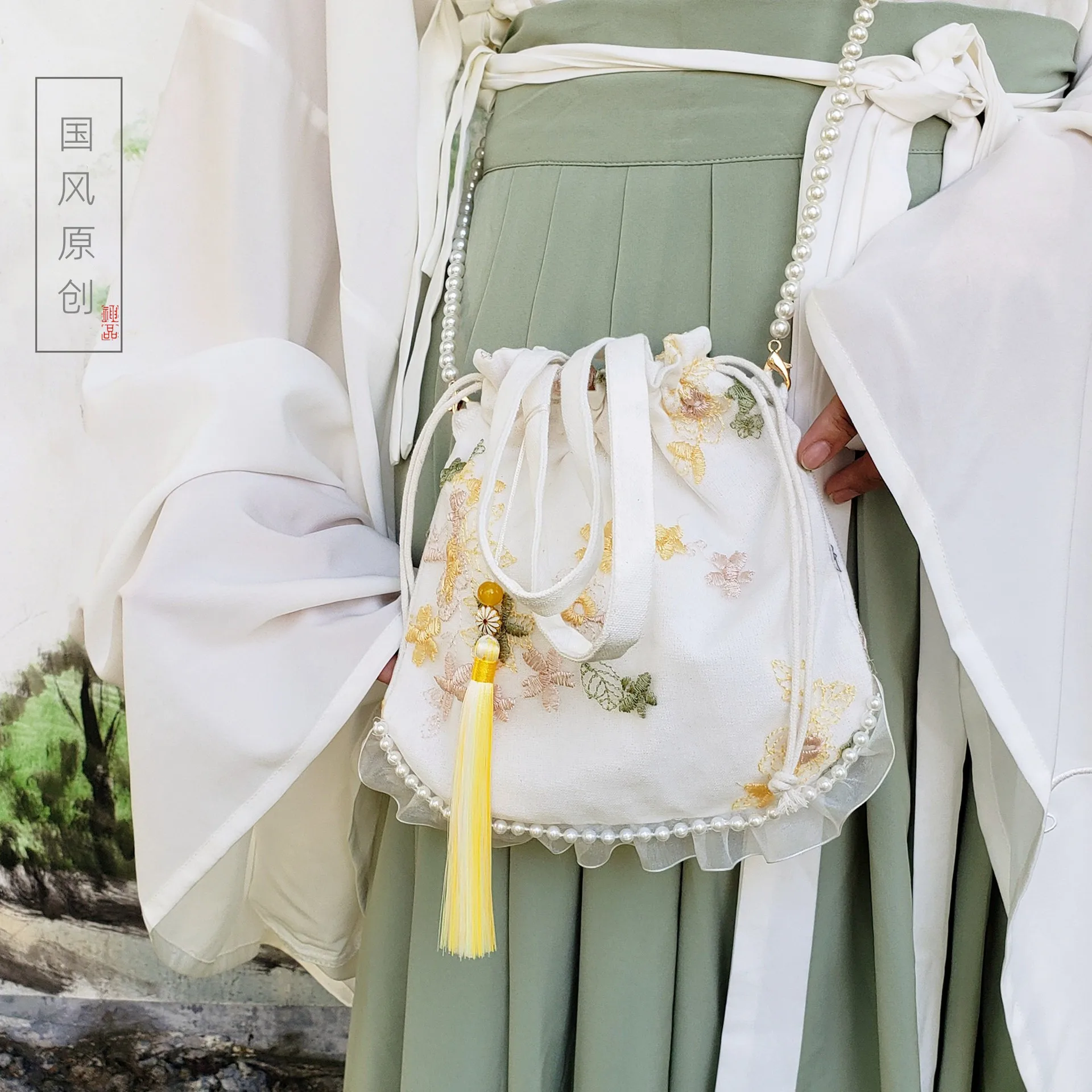 Новая женская сумка серии Hanfu Bao Sen с жемчугом в китайском стиле диагональный