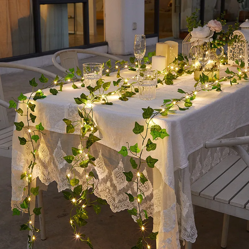 Guirnalda de flores y hojas para decoración del hogar, luces de hadas LED de alambre de cobre para boda, jardín, bricolaje