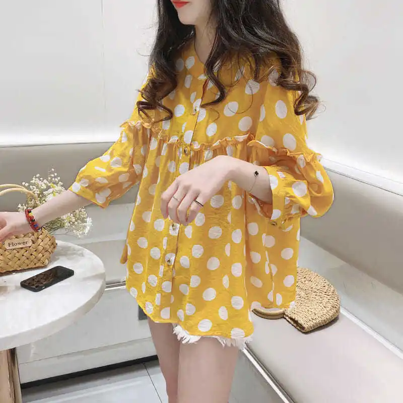 

Shirt Top Female Korean Version Loose A-word Sweet Fungus Edge Round Neck Polka Dot Shirt Women's Three-quarter Sleeves Blouse