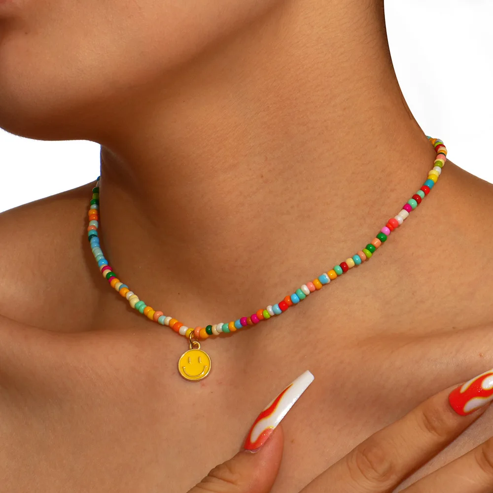 Cute Enamel Yellow Smiley Face Pendant Necklace for Women Bohemian Handmade Beaded Chain Chokers Necklace Jewelry