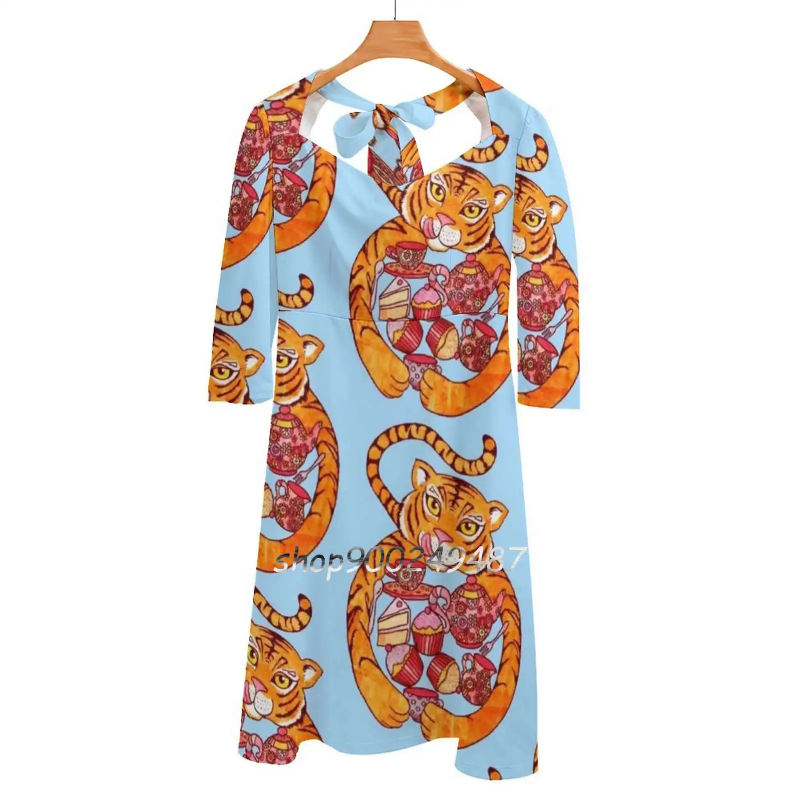 

Расклешенное платье с изображением тигра, модное дизайнерское свободное платье большого размера с сердечком, милая чайная чашка-чайник ...