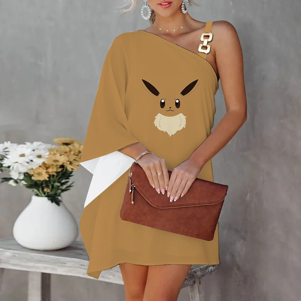 

Summer Dresses for Women 2023 Cute Luxury Party Dress Pokemon Cartoon Diagonal Collar Pikachu One-Shoulder Elegant Evening Sexy