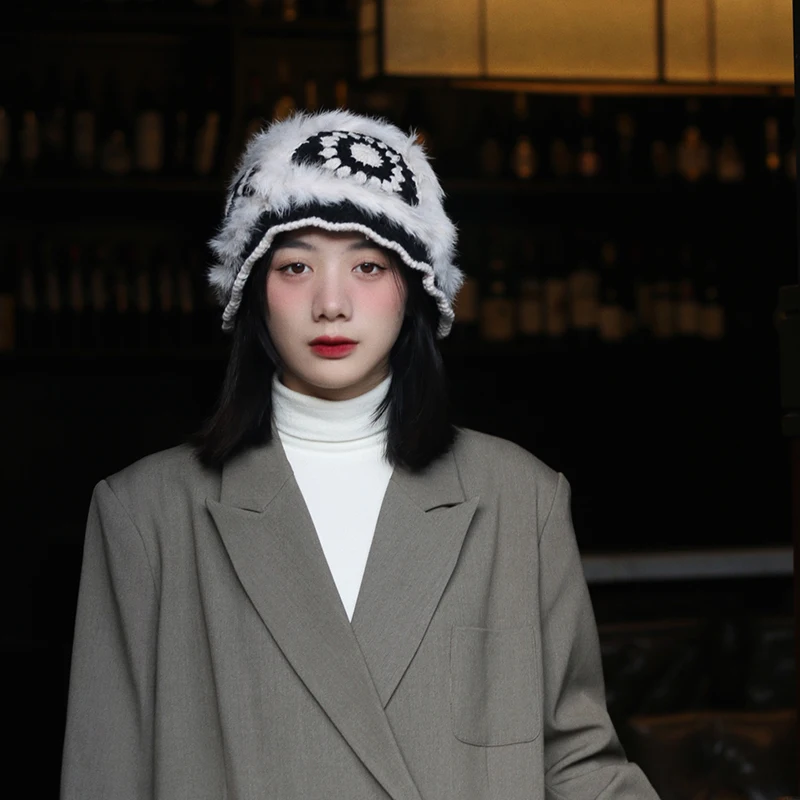 

2022 зимние шапки для женщин Ретро вязаная шапка ручной вязки из кроличьего меха утолщенная теплая шапка для раковины защита ушей Панама