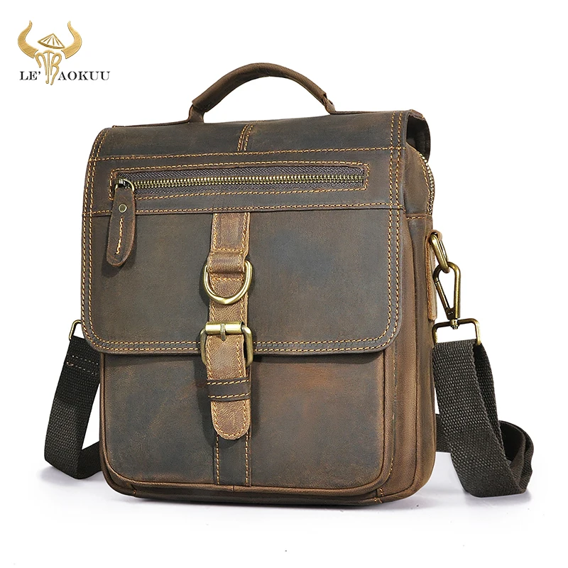 

Crazy Horse Leather Vintage Shoulder Messenger bag For Men Design Travel Cross-body Bag 8" Tablet Tote Mochila Satchel bag 039