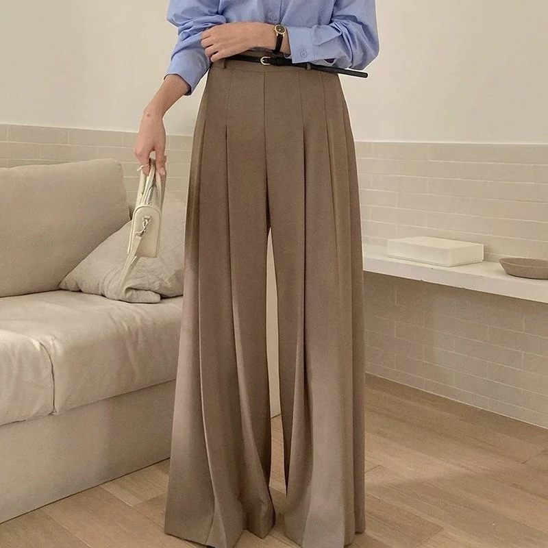 Casual Long Women Pants Summer New Design Solid Full Length Wide Leg Pleated Elegant Office Lady Clothing Top Quality