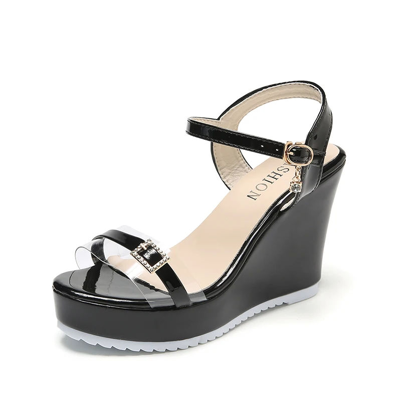 

Women's Open Round Toe Sandals Transparent Crystal Ankle Buckle 2022 Summer Popular Trendy Comfy Elegant High Wedge Heel Sandals