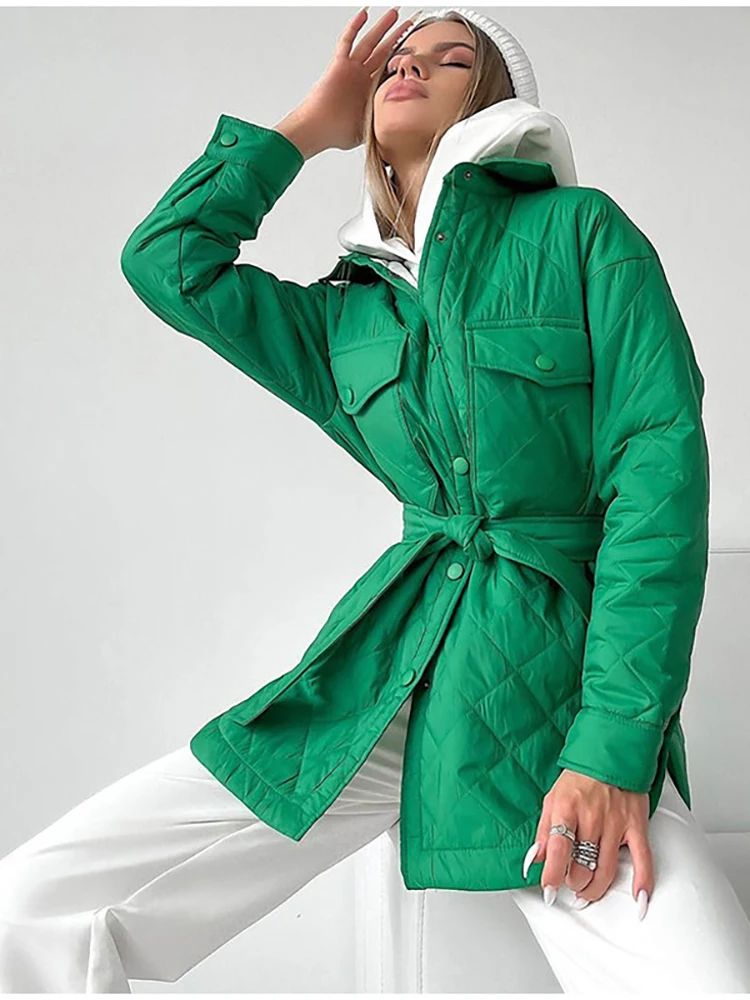Taruxy Winter Warm Rhombus Cotton-Padded Coats Women Black Long Breasted Lapels Loose Puffer Jackets Outwear Parkas Bombers 2022