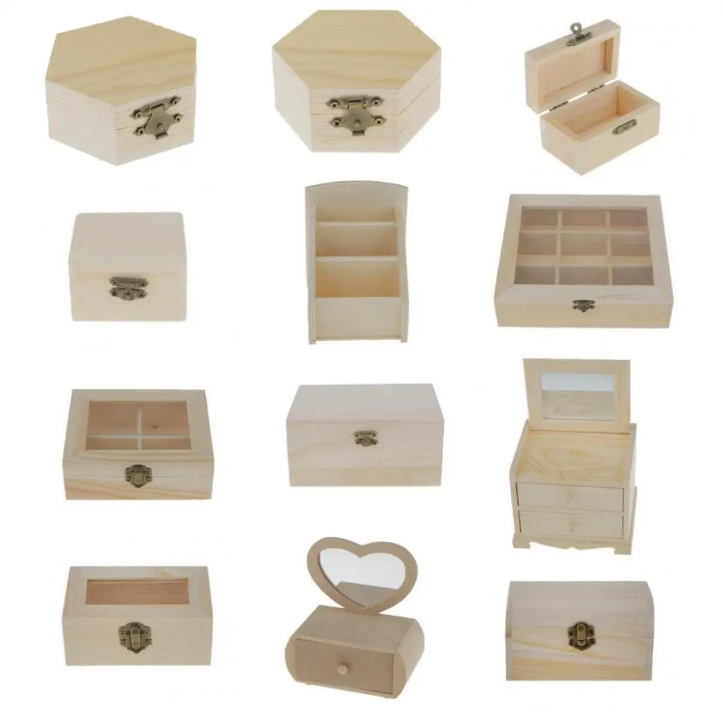 

Plain Unpainted Wooden Jewelry Storage Box Chest Keepsake Home Decor