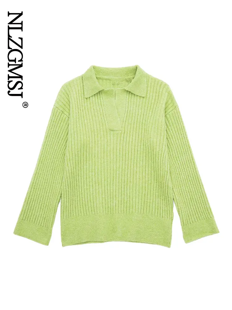 

Свободный зеленый свитер Nlzgmsj, женский осенне-зимний Повседневный пуловер с длинными рукавами и воротником-поло, элегантный женский свитер ...