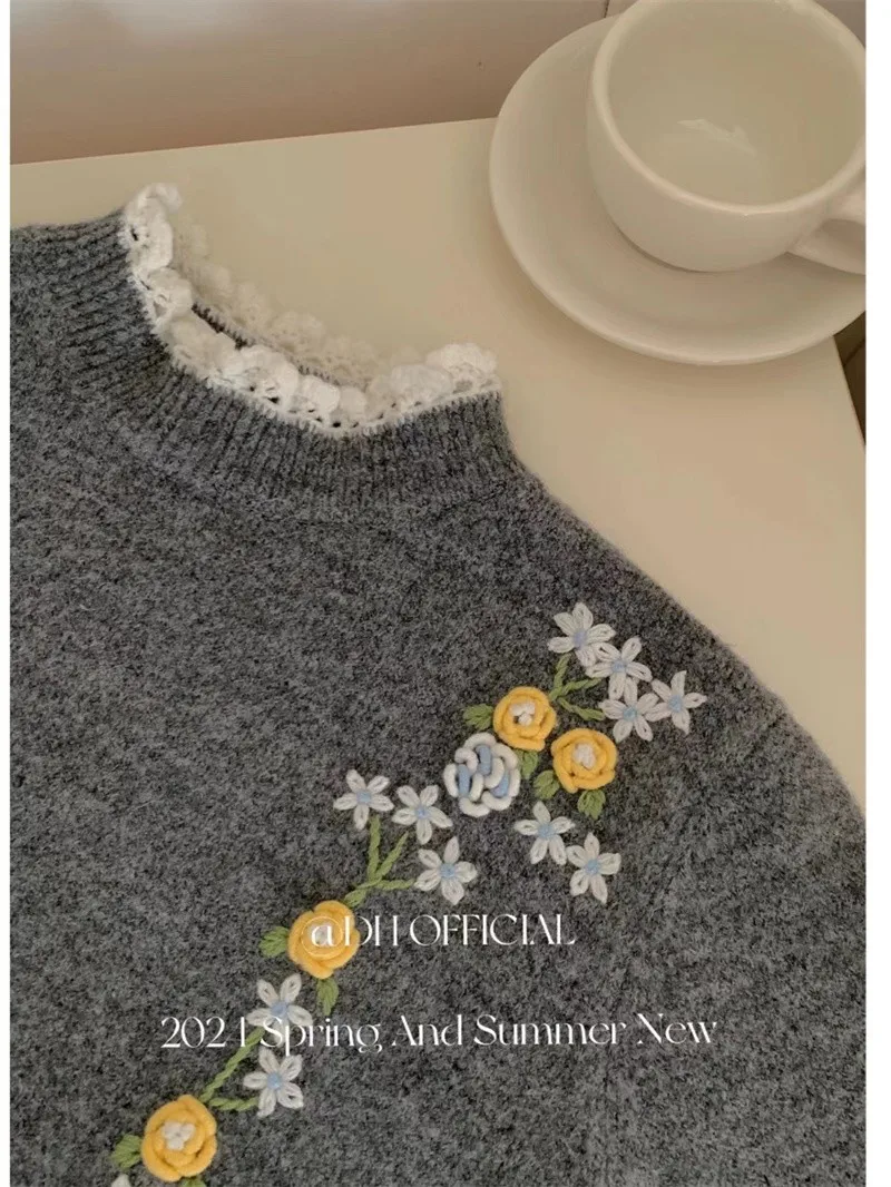 Женский винтажный свитер с цветочной вышивкой Элегантный Модный Стильный