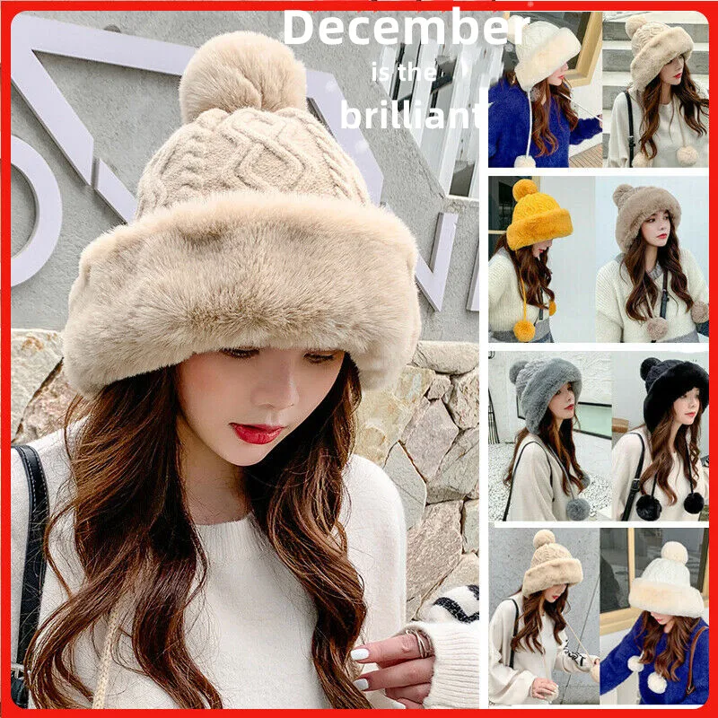 Newest Women Wool Knitted Cute Hat Ski Hat Sets Windproof Winter Outdoor Knit Thick Warm Pom Ball Hat Warmer Faux Fur Head Cap