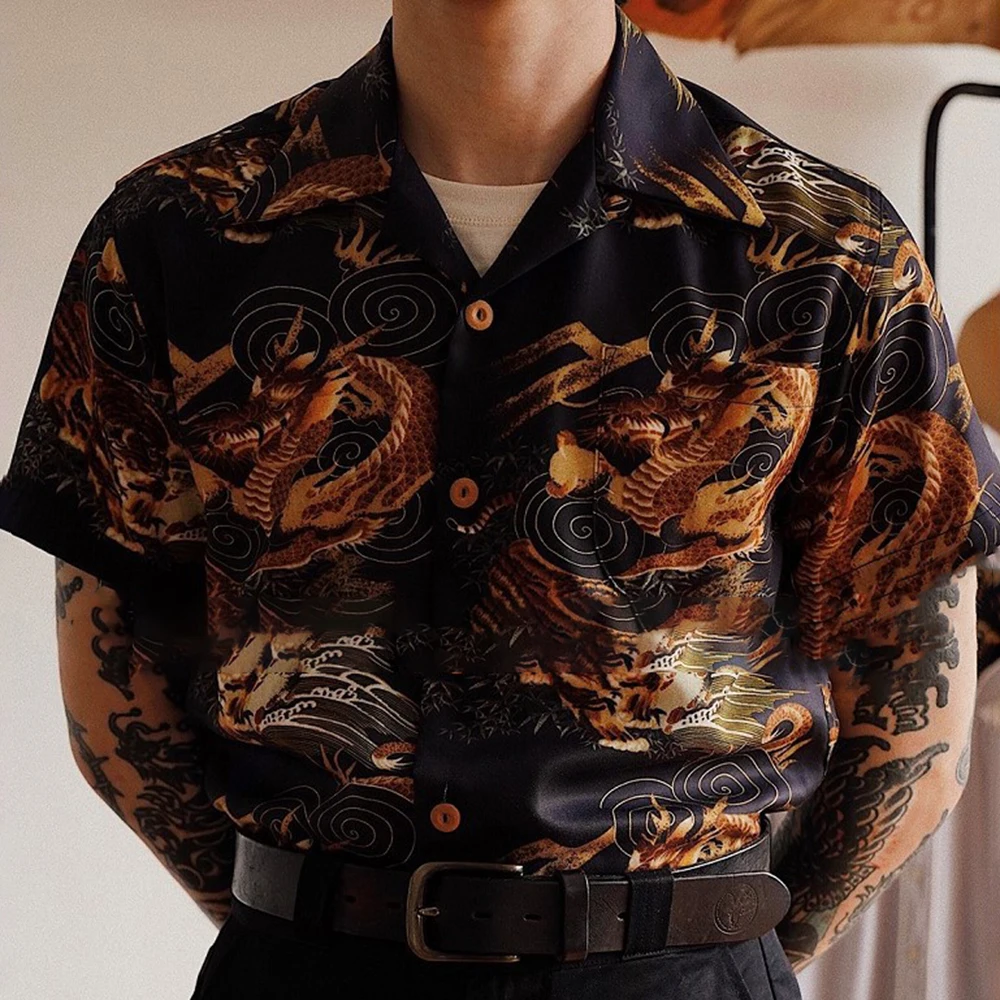 

Vintage Dragon Print Short Sleeve Shirt For Men Casual Loose Cardigan Tops Summer Fashion Mens Buttoned Turn-down Collar Shirts