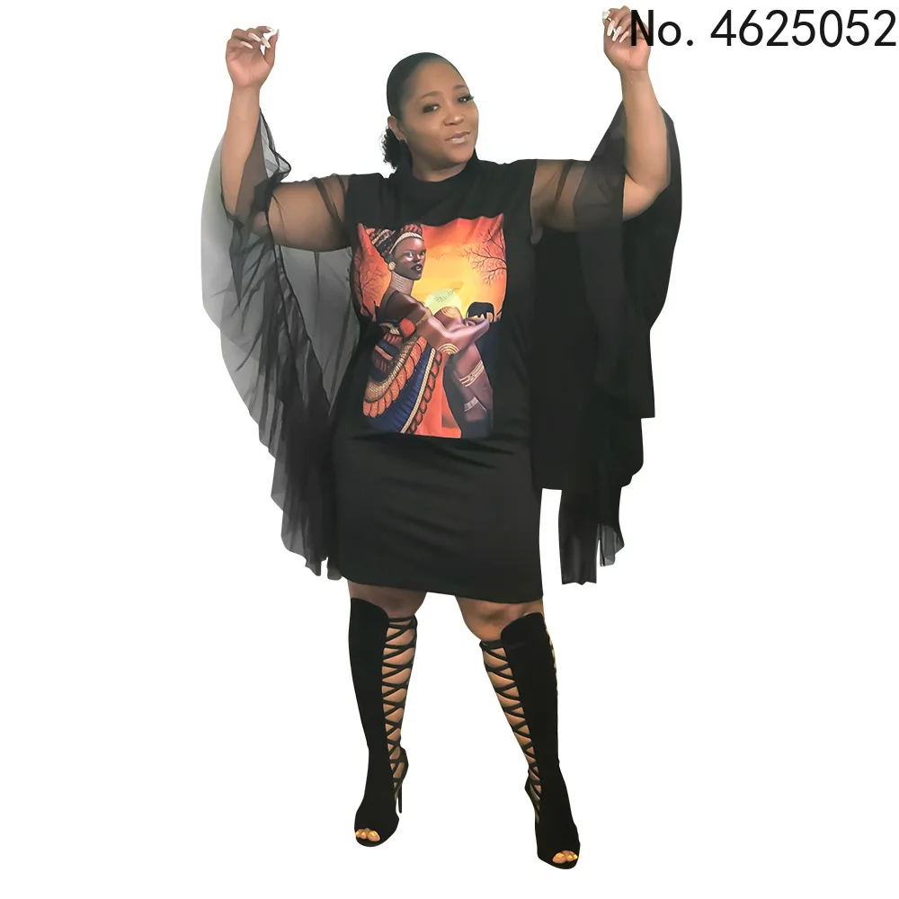 

Африканская одежда лето 2022 Африканские женщины с длинным рукавом черный принт полиэстер платье до колен африканские платья для женщин