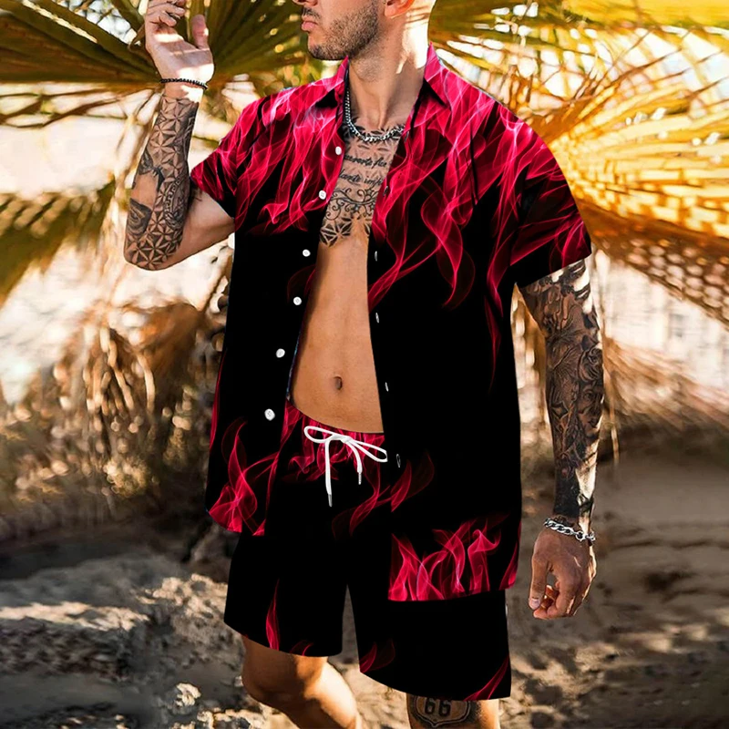 

Лето 2023, гавайский комплект с трендовым принтом, мужские Гавайские шорты, рубашка, комплект одежды, Повседневная рубашка с цветочным принтом пальмы, пляжный костюм с коротким рукавом