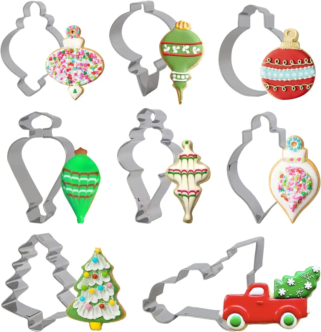 

Christmas Ornament Cookie Cutter Set Stainless Steel with 8 Pack Pickup Truck Tree Bulb Xmas Themed Dough Fondant Biscuits Molds