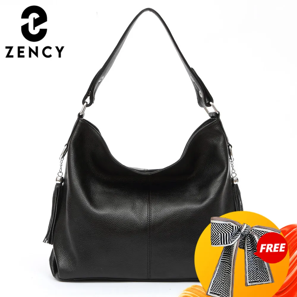 

Zency Elegant Women Shoulder Bag 100% Genuine Leather Fashion Female Messenger Handbag Tassels Charm White Crossbody Purse Black