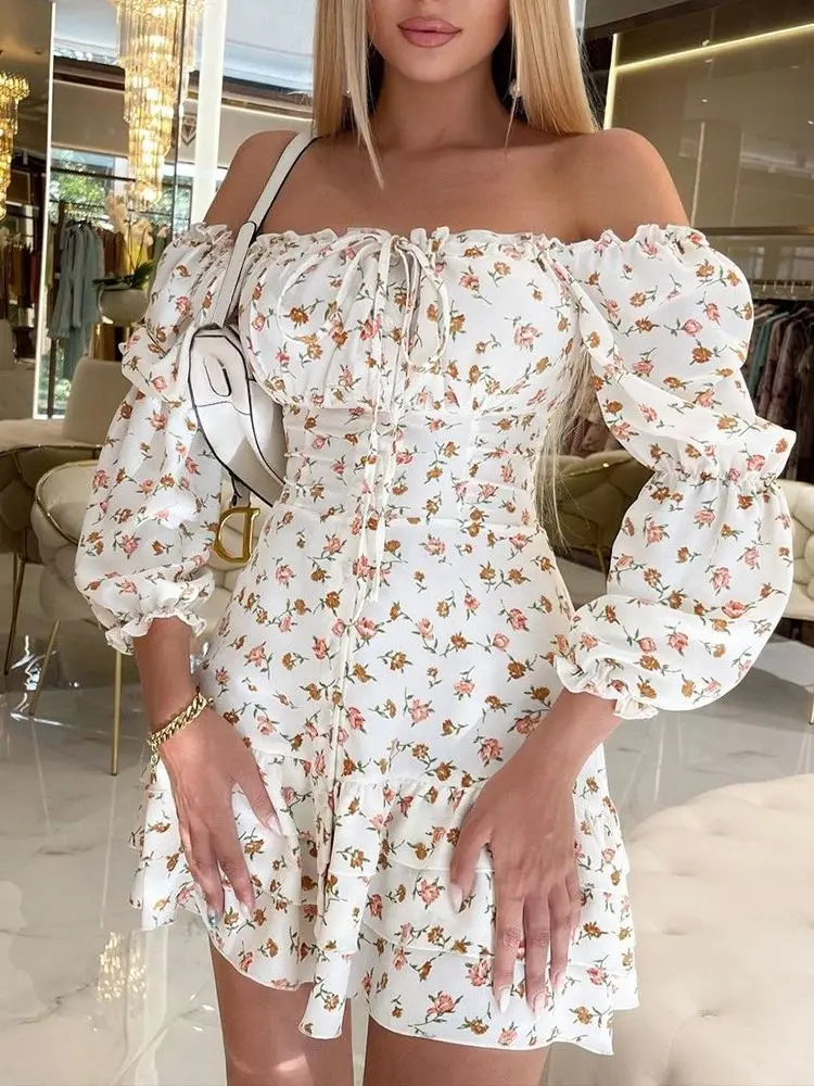 

Женские летние платья с открытыми плечами и оборками на подоле, Лидер продаж 2022, мини-платье с ярким цветочным принтом, топ с запахом, платья,...