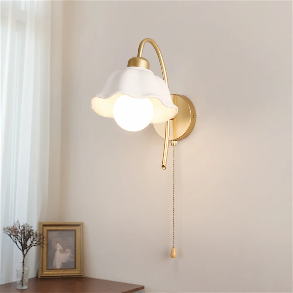 

Modern Led Wall Lamp Home Decor Nordic Simple Sconces Pull Switch Iron Ceramics Bedside Wall Light Fixture Indoor Luminaire