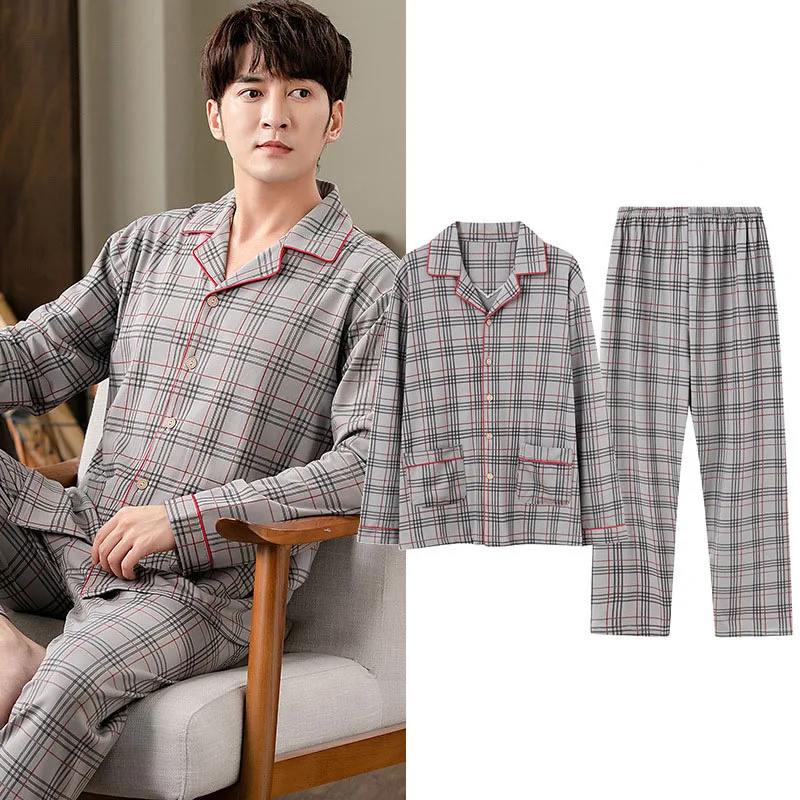 Men's Spring Winter Pajamas Sets Luxury Clothing Night Clothes Comfortable Concise Style Sleep Lounge Wear Room Plaid Pajamas