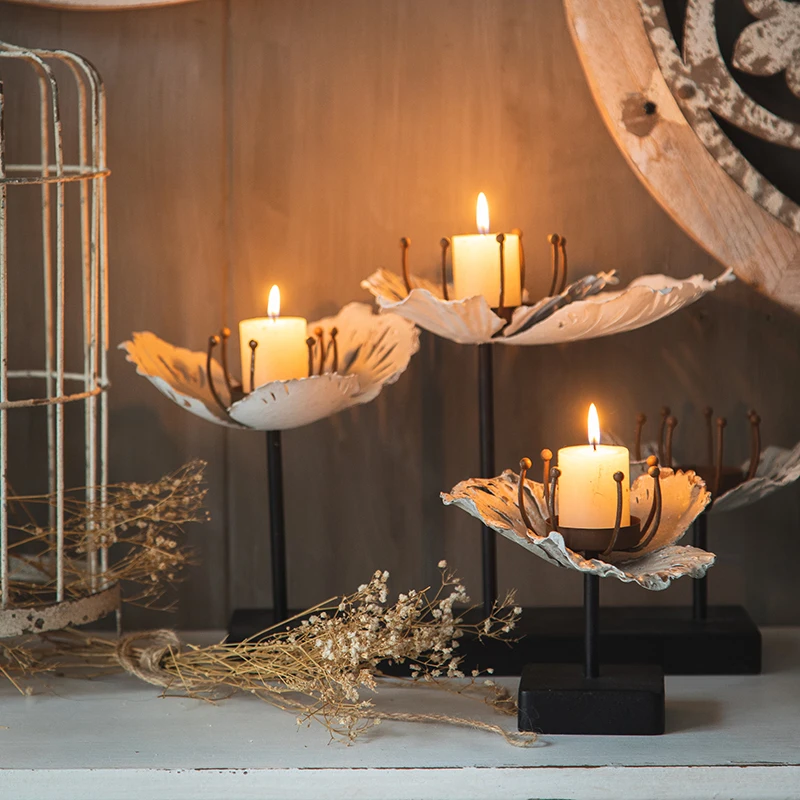 

Craft Metal Candle Holder Flower Vintage White Dining Table Wedding Design Candle Holders Living Room Portavelas Decoration