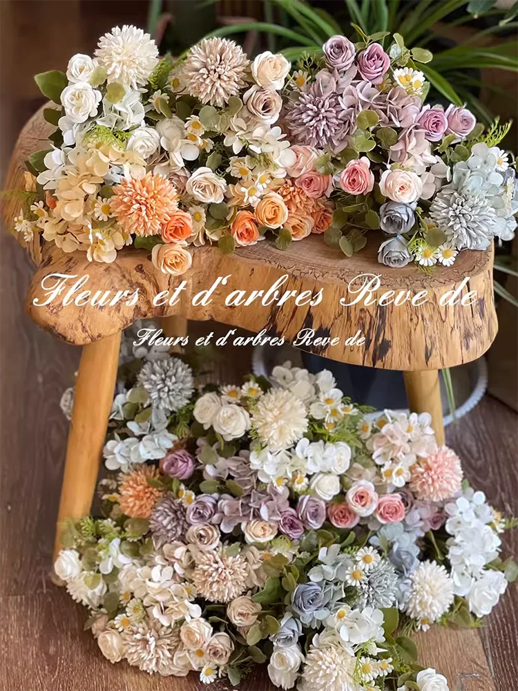 

30cm Artificial Bouquet Rose Dahlia Carnation Chamomile Wedding Hand Bouquet Home Decoration Tea Table Decoration High Quality
