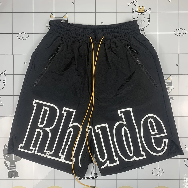 

New York Limited Black Big Logo RHUDE Shorts Men Women Best Quality Oversize Drawstring Breeches Inside Mesh