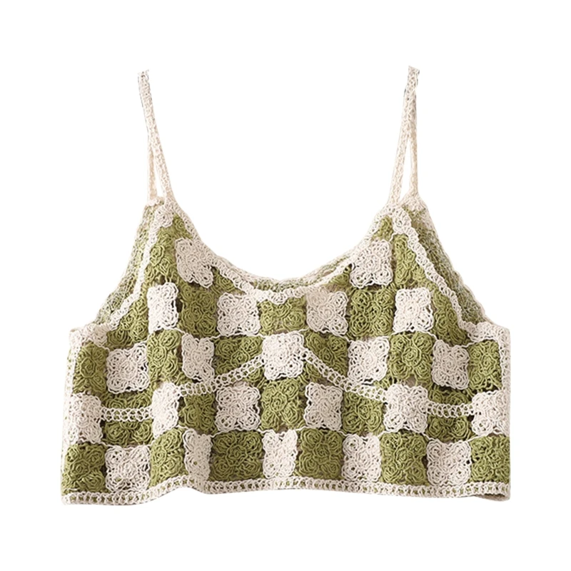 

Women Autumn Sleeveless Crochet Knitted Crop Top Checked Plaid Floral Spaghetti Strap V-Neck Camisole Mini Sweater Vest
