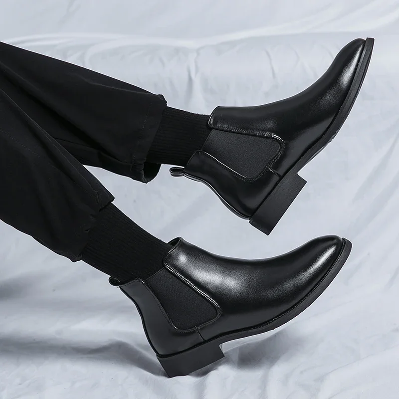 

Мужские ботинки, классические мужские ботинки челси, Черная мужская обувь, повседневные короткие ботинки без шнуровки, винтажные ковбойские ботильоны с острым носком, 2023