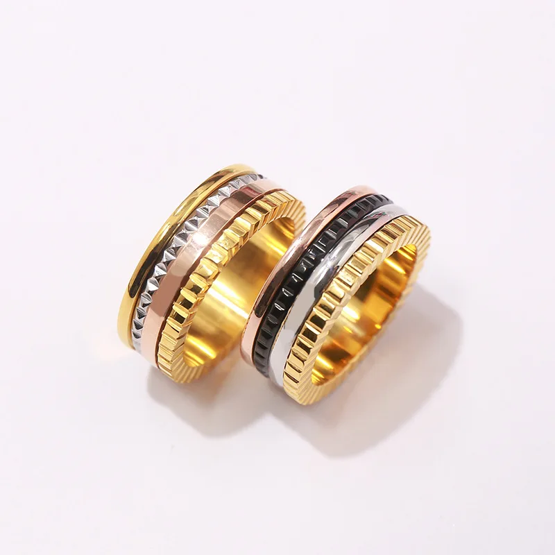 

Titanium Stainless Steel 18k Rose Gold Plated Black Stone Silver Unisex Men Women Finger Ring Rotating Band Couple Jewelry